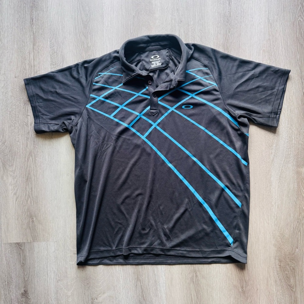 Oakley Men’s XL Golf Polo Shirt Black Blue Diagonal Line Performance Regular Fit